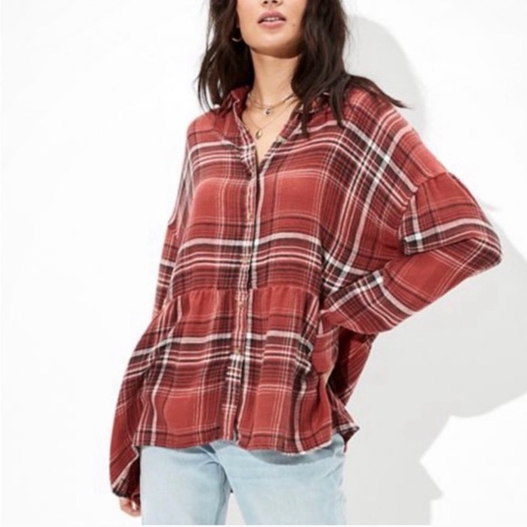 American Eagle Outfitters Tops - American Eagle Outfitters Red Plaid Babydoll Button-Down Shirt